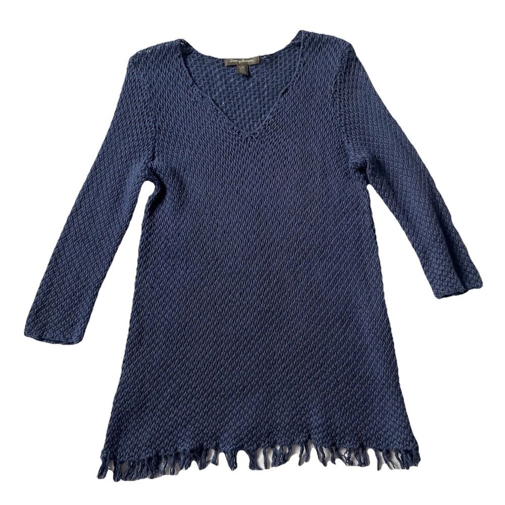 Tommy Bahama Women L Harbor Cliff Tunic Sweater 3/4 Sleeve Wool Blend Fringe Hem - Picture 2 of 11
